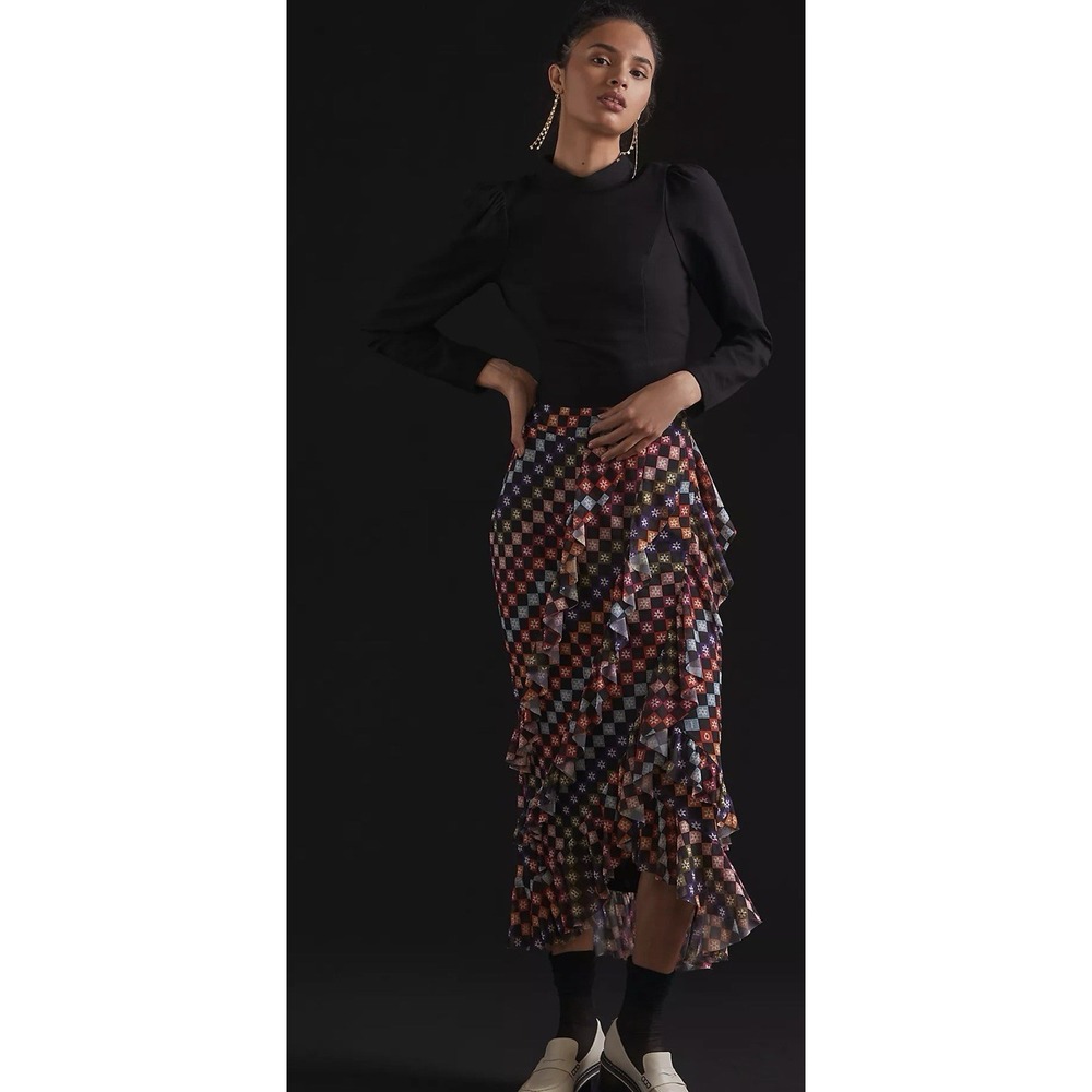 Anthropologie Farm Rio Ruffled Midi Skirt Checkered Gingham Ruffled Size L